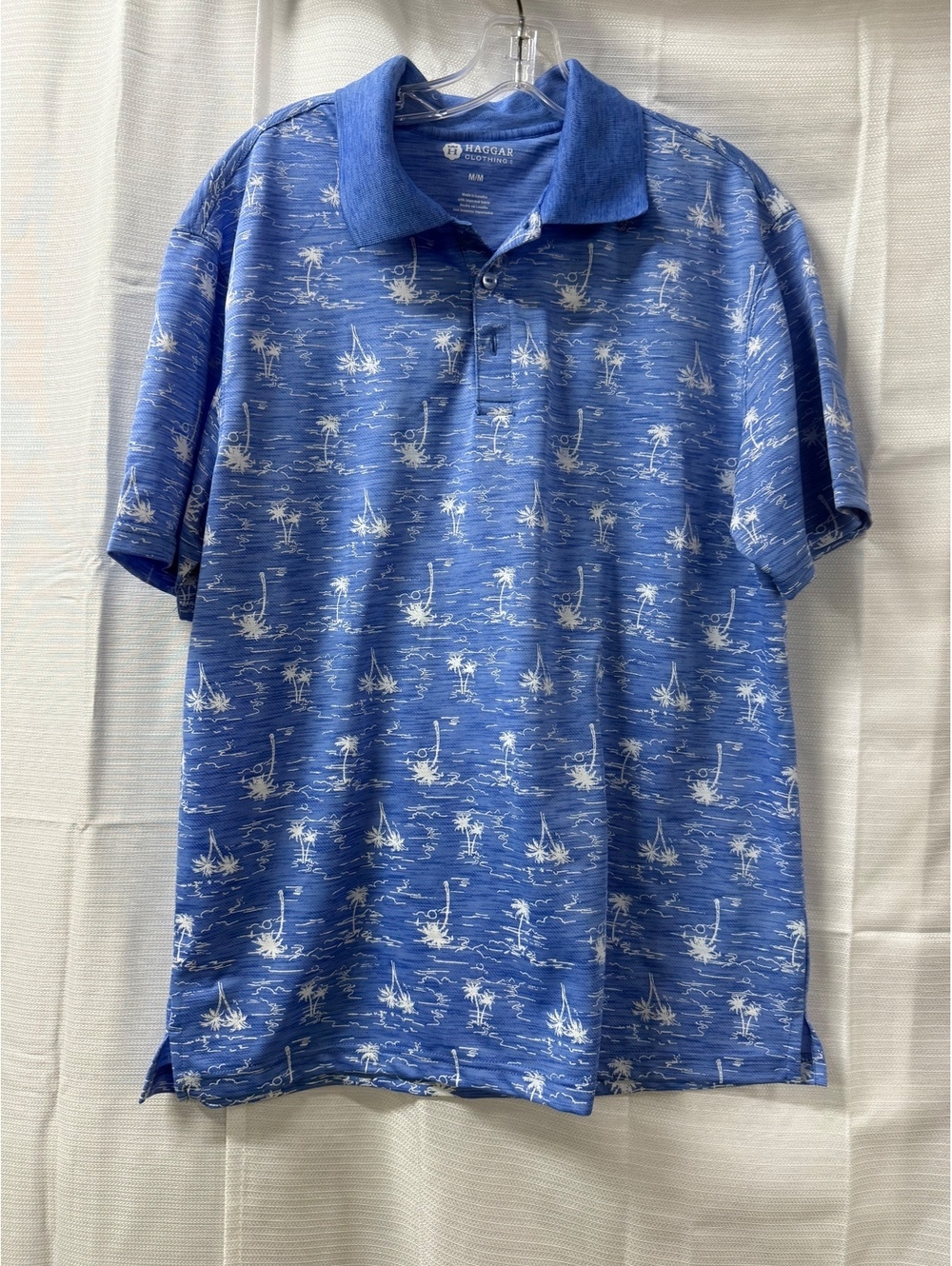 Haggar Men's Medium Blue Polyester Polo Shirt with Palm Tree Print